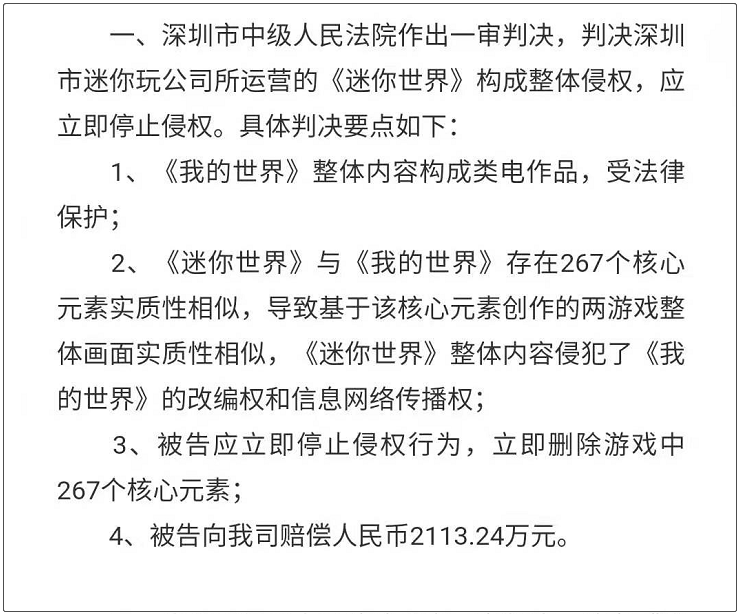 我的世界胜诉，迷你世界涉及267项抄袭，判决赔偿2113万元