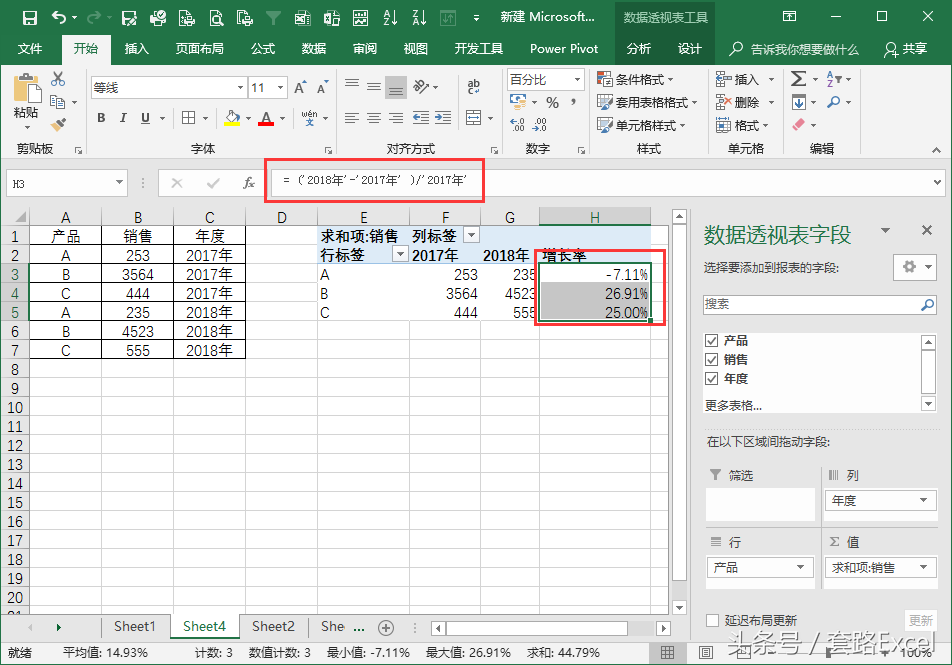 透视表计算增长率和占比