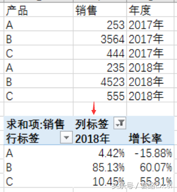 透视表计算增长率和占比