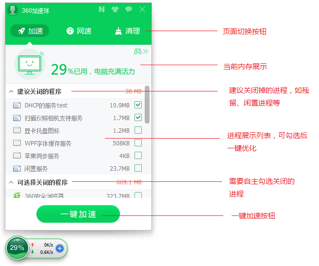 如何正确使用360安全卫士的加速球功能！