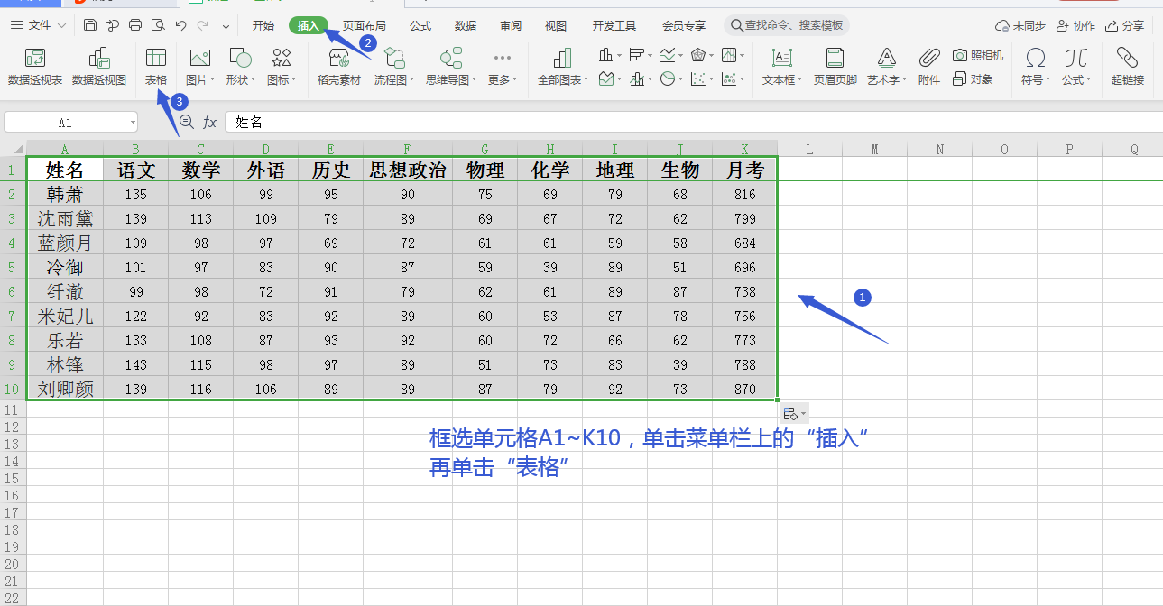 WPS表格中利用函数自动求和与冻结首行