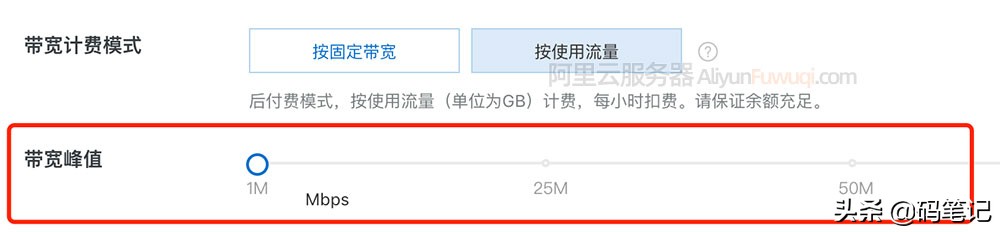 阿里云服务器带宽峰值按使用流量计费1M和100M区别