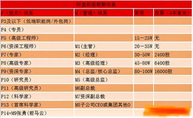 阿里巴巴p7 p9是什么级别（职级体系分为P和M工资标准）