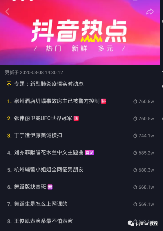 用Python抓取抖音app热点数据