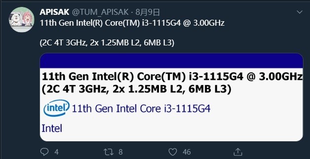 英特尔11代酷睿 i3-1115G4参数曝光 主频3GHz